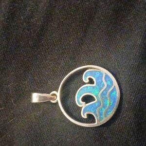 925 Sterling Silver Rhodium Plated Blue Created Opal Waves Charm
